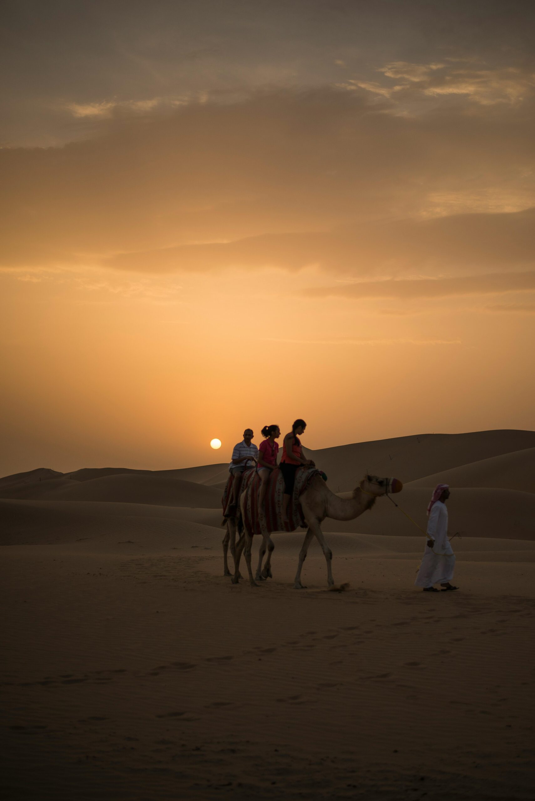 Tourists enjoy a camel ride on the sand dunes during a beautiful sunset in Abu Dhabi's desert.